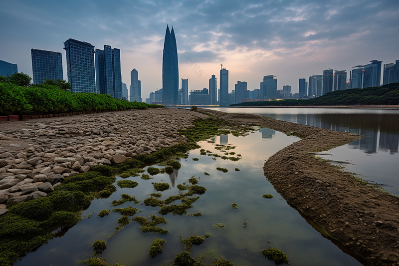 实拍蓝色傍晚城市远景河边草地拍摄背景,高清,摄影图,摄影图片,图片大全,摄影图免费下载